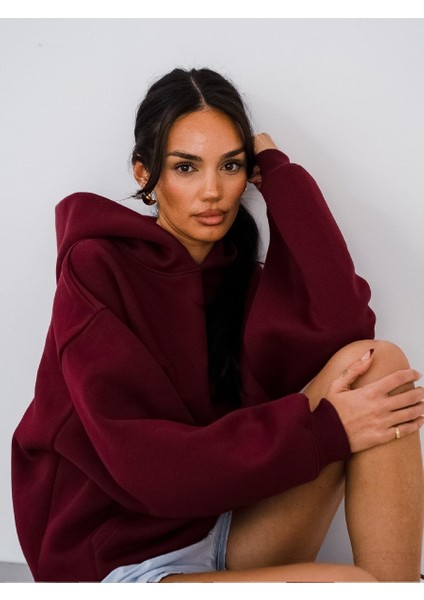 Kapüşonlu Içi Polar Bordo Unisex Oversize Hoodie Sweatshirt fırsatları
