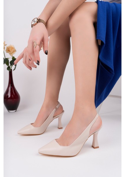 BA04456 Ten Deri Kadın Sade Lastikli Yumuşak Taban 9 cm Topuklu Ayakkabı - 37