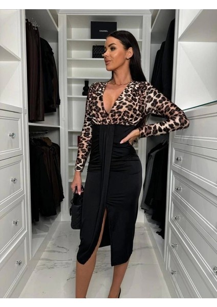 Kadın Dijital Baskılı Full Likralı Kristal Örme Kumaş Drape Detaylı Yırtmaç Dekolteli Midi Boy Elbise
