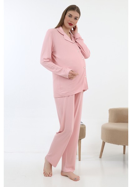 Önden Düğmeli Hamile Lohusa Uzun Kol Pijama Takımı