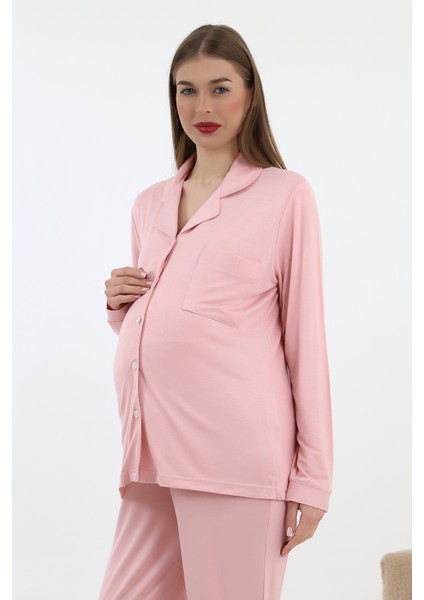 Önden Düğmeli Hamile Lohusa Uzun Kol Pijama Takımı