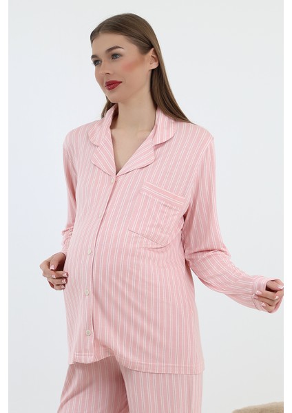 Önden Düğmeli Hamile Lohusa Uzun Kol Pijama Takımı modelleri