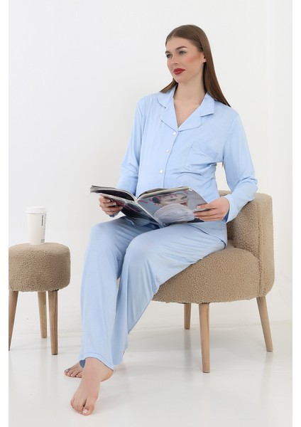 Önden Düğmeli Hamile Lohusa Uzun Kol Pijama Takımı
