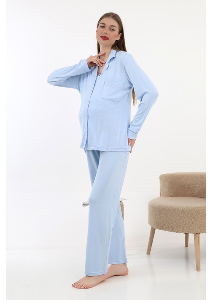 Önden Düğmeli Hamile Lohusa Uzun Kol Pijama Takımı modelleri