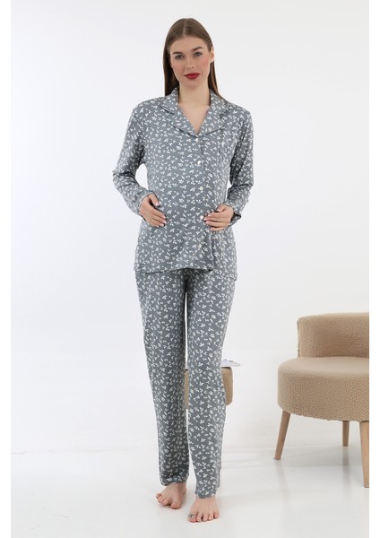 Önden Düğmeli Hamile Lohusa Uzun Kol Pijama Takımı
