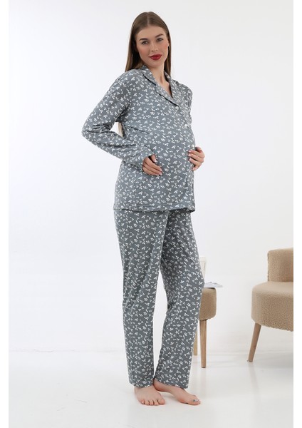 Önden Düğmeli Hamile Lohusa Uzun Kol Pijama Takımı
