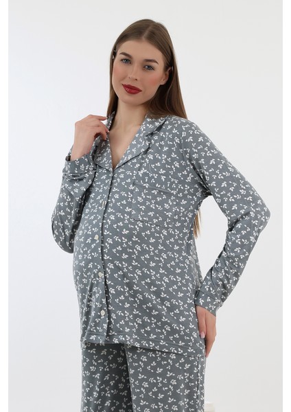 Önden Düğmeli Hamile Lohusa Uzun Kol Pijama Takımı