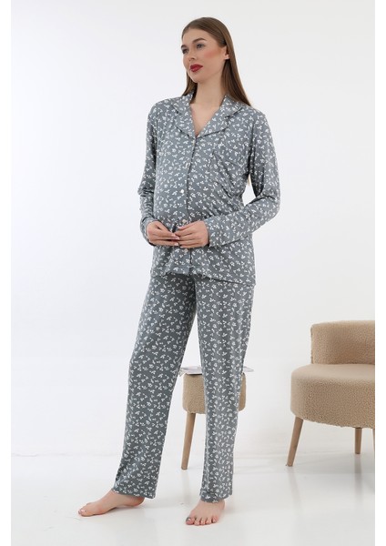 Önden Düğmeli Hamile Lohusa Uzun Kol Pijama Takımı