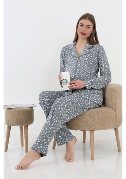 Önden Düğmeli Hamile Lohusa Uzun Kol Pijama Takımı