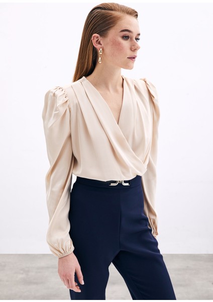 Kruvaze Vatkalı Bodysuit - Bej