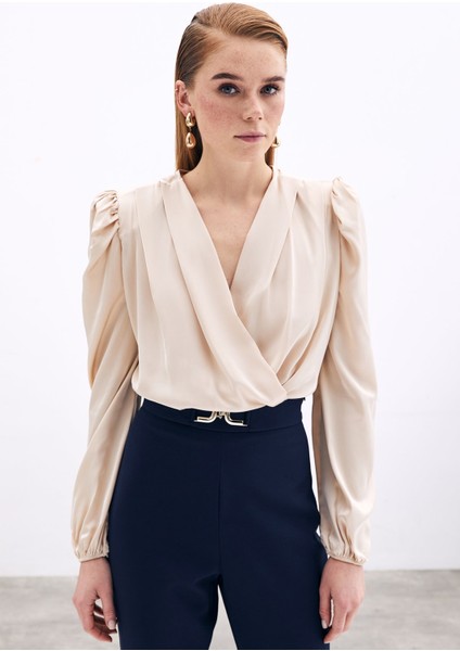 Kruvaze Vatkalı Bodysuit - Bej fiyatları