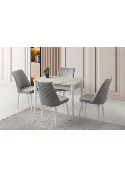 Kelebek Hg Ahşap Salon Yemek Masa Sandalye Takımı 4 Sandalyeli Ortadan Açılır 70 x 120 cm Büyüyen Mermer Desen