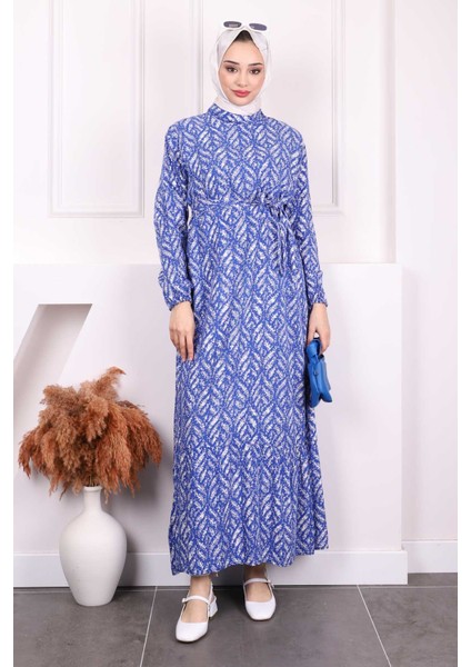 Saks Mavi Desenli Eteği Katlı Viscon Elbise