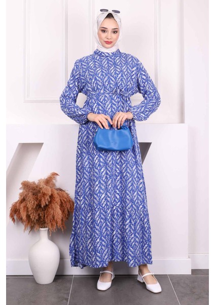 Saks Mavi Desenli Eteği Katlı Viscon Elbise fiyatları