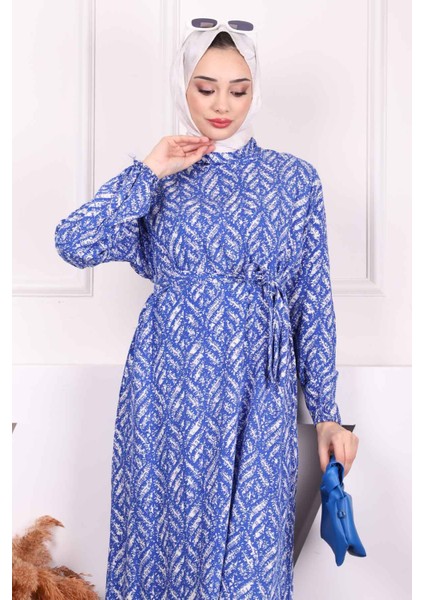 Saks Mavi Desenli Eteği Katlı Viscon Elbise modelleri