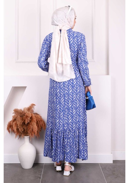 Saks Mavi Desenli Eteği Katlı Viscon Elbise fırsatları