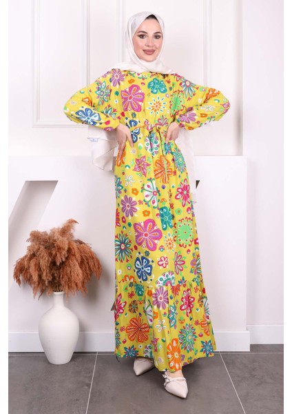 Yağ Yeşili Desenli Eteği Katlı Viscon Elbise