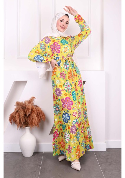 Yağ Yeşili Desenli Eteği Katlı Viscon Elbise fiyatları