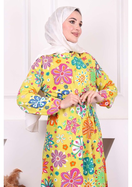 Yağ Yeşili Desenli Eteği Katlı Viscon Elbise modelleri