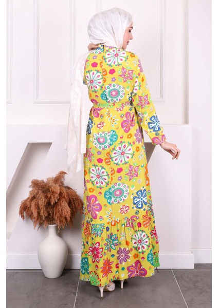 Yağ Yeşili Desenli Eteği Katlı Viscon Elbise fırsatları