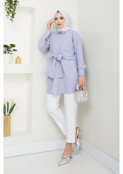 Çizgili Poplin Bağlamalı Gömlek - Lacivert / Ü103