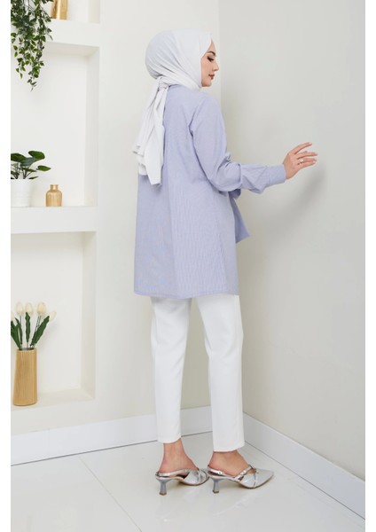 Çizgili Poplin Bağlamalı Gömlek - Lacivert / Ü103 fırsatları