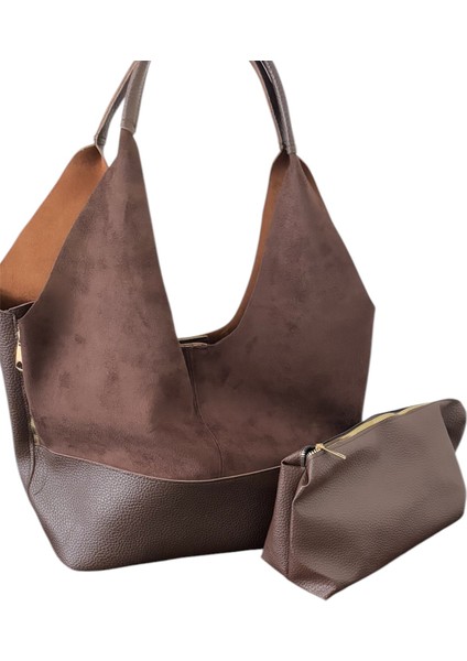 Kadın Yavrulu Büyük Boy Omuz Çantası (Süet Detaylı)