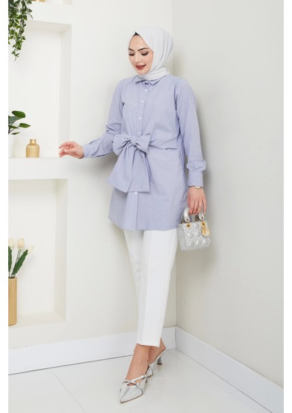 Çizgili Poplin Bağlamalı Gömlek - Lacivert / Ü103