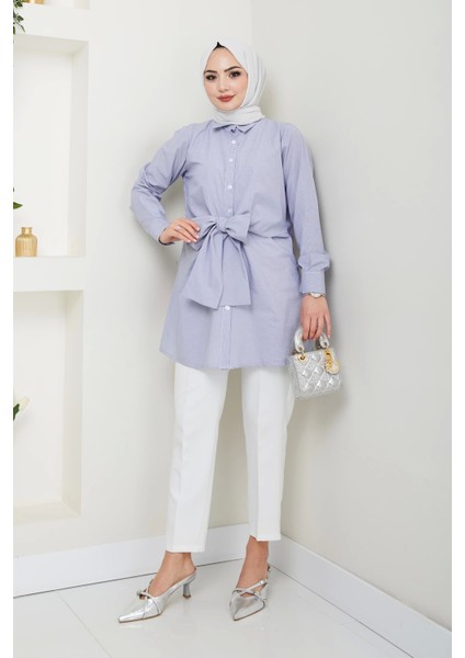 Çizgili Poplin Bağlamalı Gömlek - Lacivert / Ü103