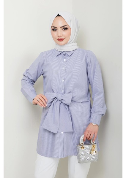 Çizgili Poplin Bağlamalı Gömlek - Lacivert / Ü103