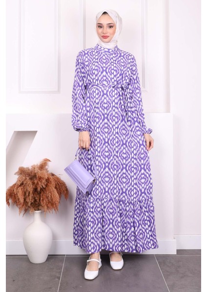 Mor Desenli Eteği Katlı Viscon Elbise