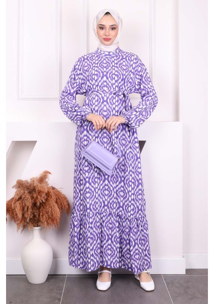 Mor Desenli Eteği Katlı Viscon Elbise fiyatları