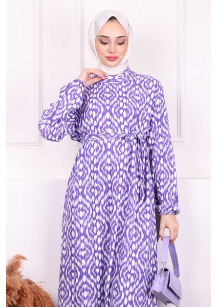 Mor Desenli Eteği Katlı Viscon Elbise modelleri