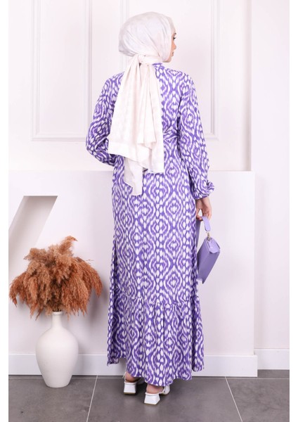 Mor Desenli Eteği Katlı Viscon Elbise fırsatları