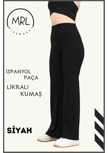 Kadın Siyah Yüksek Bel Toparlayıcı Tayt Pantolon Ispanyol Paça Likralı Esnek Dalgıç Kumaş 1043