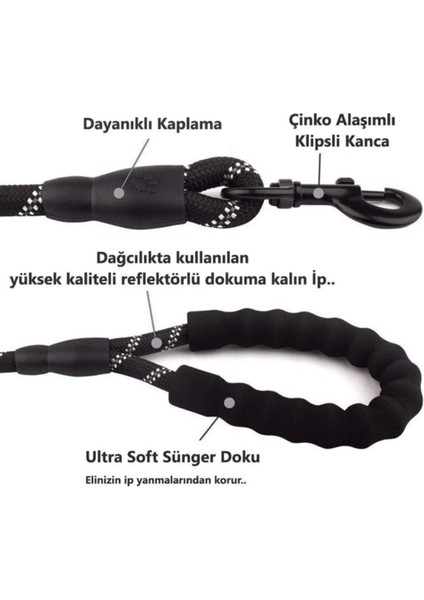 Köpekler İçin Gezdirme Tasması Reflektörlü 130 cm Halat Orta Ve Büyük Boy Köpekler İçin Siyah