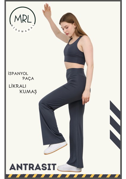 Kadın Yüksek Bel Toparlayıcı Tayt Pantolon Ispanyol Paça Likralı Esnek Dalgıç Kumaş Antrasit 1040