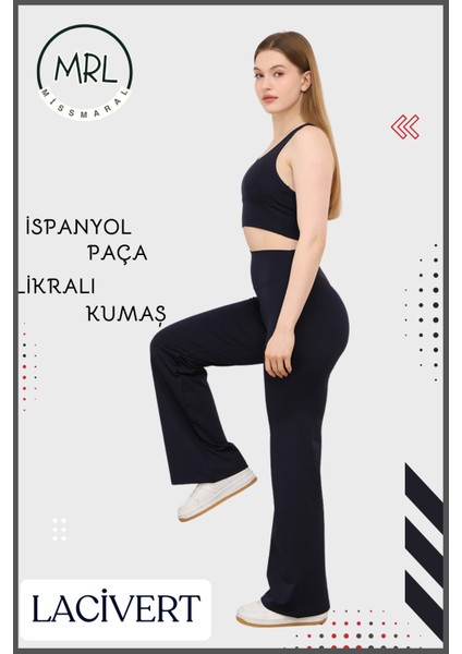 Kadın Yüksek Bel Toparlayıcı Tayt Pantolon Ispanyol Paça Likralı Esnek Dalgıç Koyu Lacivert 1044