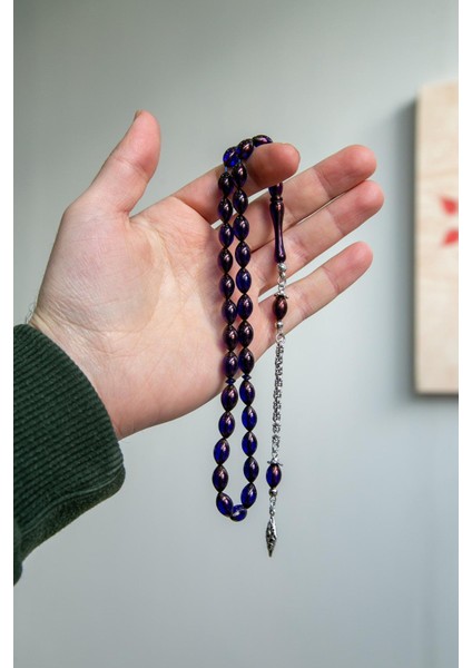 Gece Mavisi Ince Zarif Yapılı Toz Kehribar Tesbih