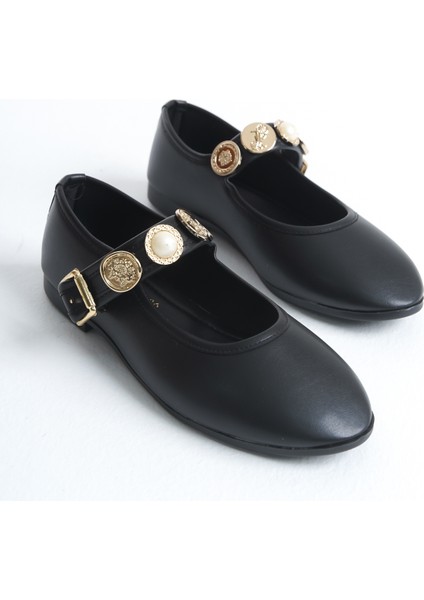 Günlük Kadın Siyah Cilt Babet Bantlı Ayarlanabilir Tokalı Hafif Rahat Ayakkabı