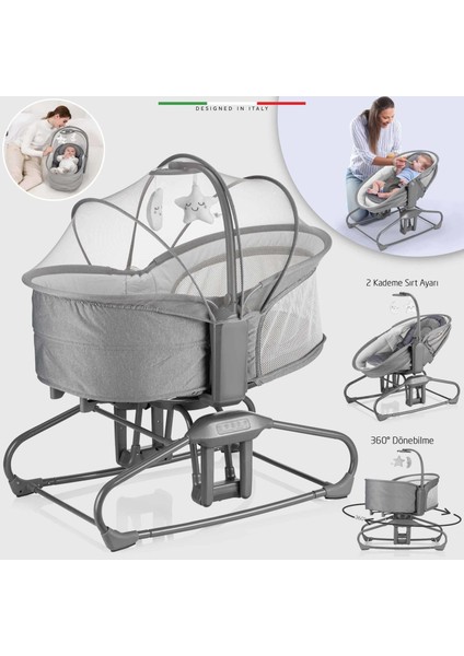 Verde Elektrikli Otomatik Sallanan Ana Kucağı Beşik 360° Dönebilir Kademeli Gri