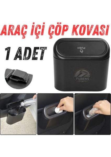 Araba Çöp Kutusu Portatif Araç Içi Taşınabilir Kapaklı Organizer Çöp Kovası Itme Kapaklı Kova(Siyah)