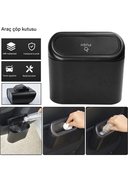 Araba Çöp Kutusu Portatif Araç Içi Taşınabilir Kapaklı Organizer Çöp Kovası Itme Kapaklı Kova(Siyah) modelleri