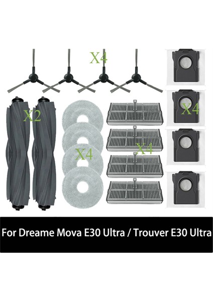 Dreame Mova E30 Ultra / Trouver E30 Ultra Vakum Parçaları Ana Tricut Silindir Yan Fırça Hepa Filtre Paspas Bezi Toz Torbası (Yurt Dışından)