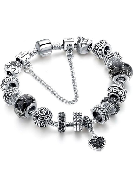 Avusturya Kristali Siyah Kalp Bayan Charm Bileklik