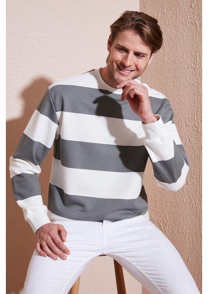 Pamuklu Çizgili Regular Fit Bisiklet Yaka Sweat Erkek Sweat 5905790