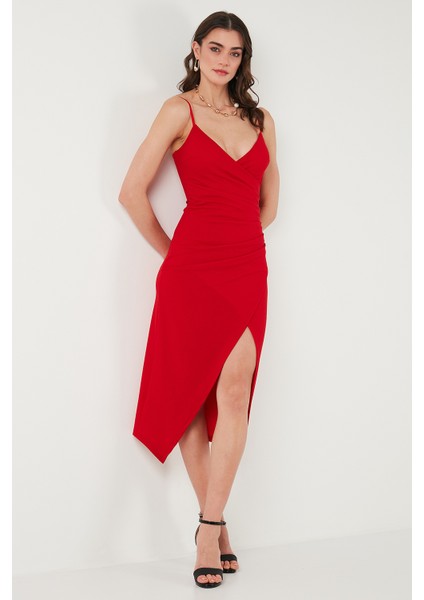 Slim Fit V Yaka Drape Detaylı Yırtmaçlı Midi Boy Elbise Bayan Elbise 6789961