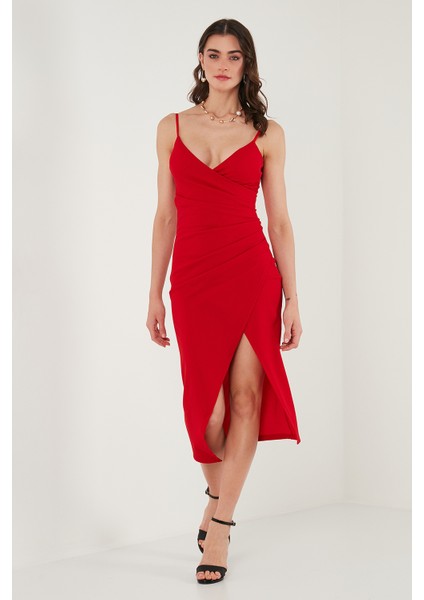 Slim Fit V Yaka Drape Detaylı Yırtmaçlı Midi Boy Elbise Bayan Elbise 6789961