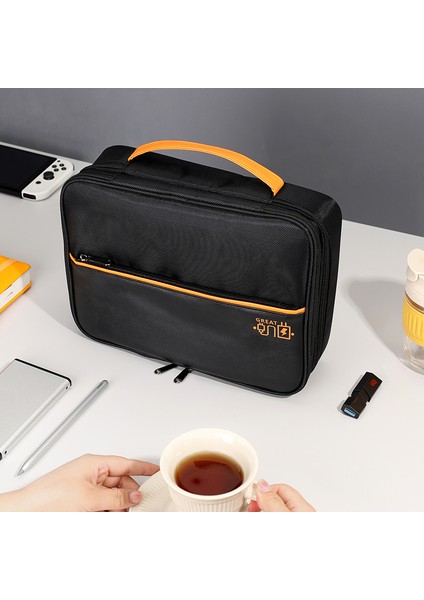 Üç Katlı Dijital Aksesuar Saklama Çantası Polyester + Pu Deri Veri Kablosu Power Bank Çanta-Siyah (Yurt Dışından)