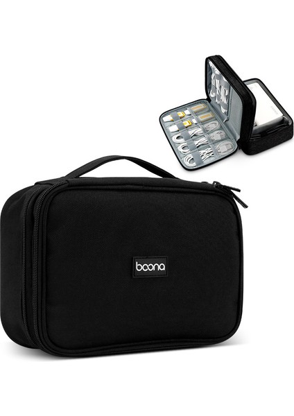 Baona BN-B004 Organizatör Çantası Büyük Çift Katmanlı Saklama Çantası USB Kabloları/şarj Cihazları/güç Bankası/usb Flash Sürücü/cep Telefonu Için Çizilmez Kılıf-Siyah (Yurt Dışından)
